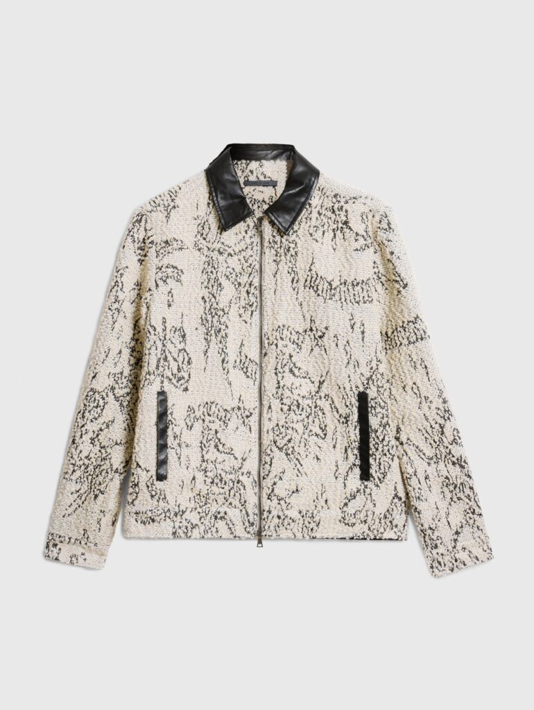 John Varvatos Cordova Jacket in twine color with leather collar, wool blend body, gunmetal zipper, and metal snap pockets