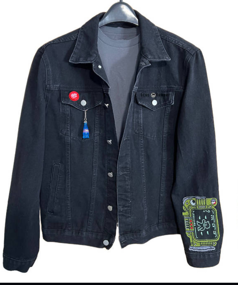LordLibidan’s cross-stitched denim jacket featuring Nuka-Cola pin-up from Fallout video game