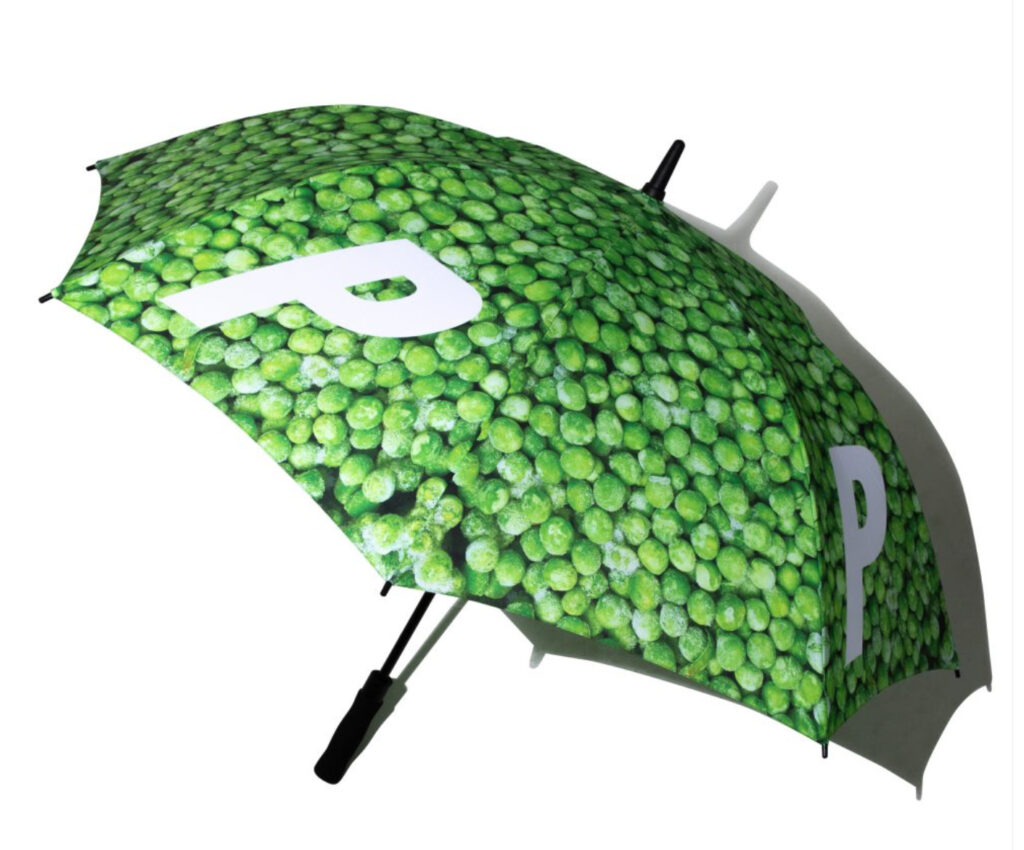 Palace Skateboards umbrella featuring an all-over print of frozen green peas, combining humor and functional streetwear