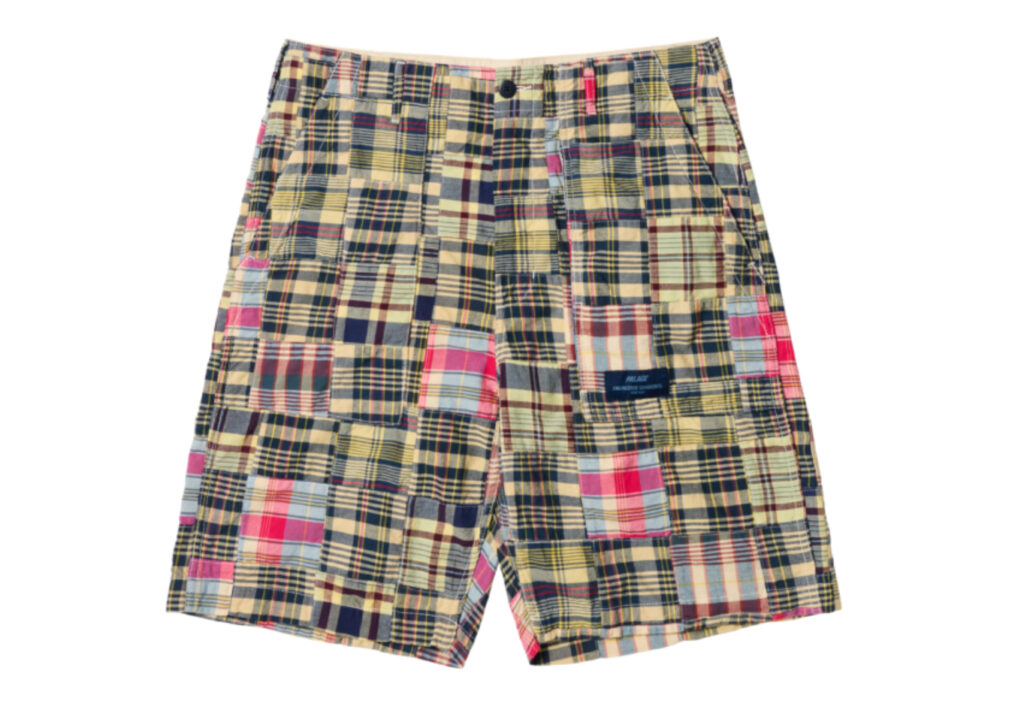 Co-branded Palace x Engineered Garments utility short in olive ripstop fabric with reinforced pockets and subtle label