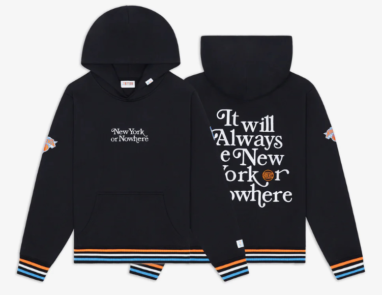 Knicks Motto Hoodie in royal blue and orange with bold chest graphic, NBA logo, and premium fleece finish
