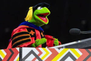 Kermit the Frog at podium delivering commencement speech at the University of Maryland, 2025