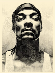 Shepard Fairey’s 2020 screen print of Snoop Dogg on cream Speckletone paper, bold iconic portrait in Obey style
