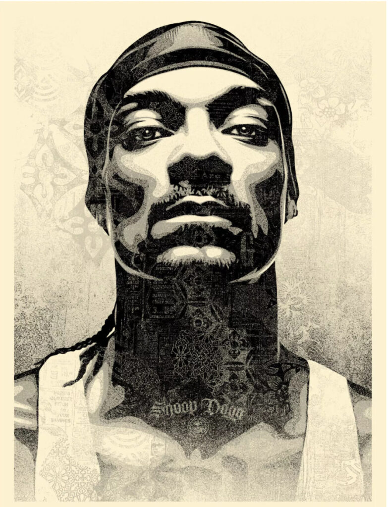 Shepard Fairey’s 2020 screen print of Snoop Dogg on cream Speckletone paper, bold iconic portrait in Obey style