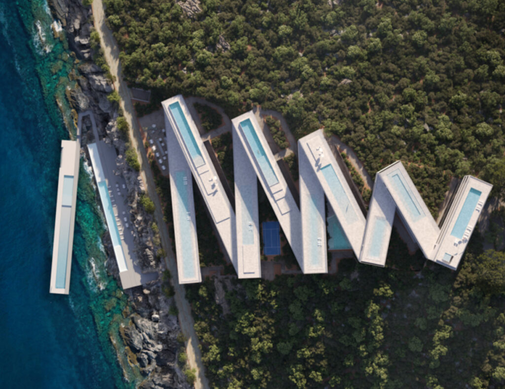 ZigZag Resort on Albanian coast showcasing linear architecture with Berat stone and sea-facing units