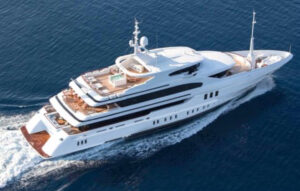 Aerial view of superyachts docked at Nafplion port during Mediterranean Yacht Show 2025