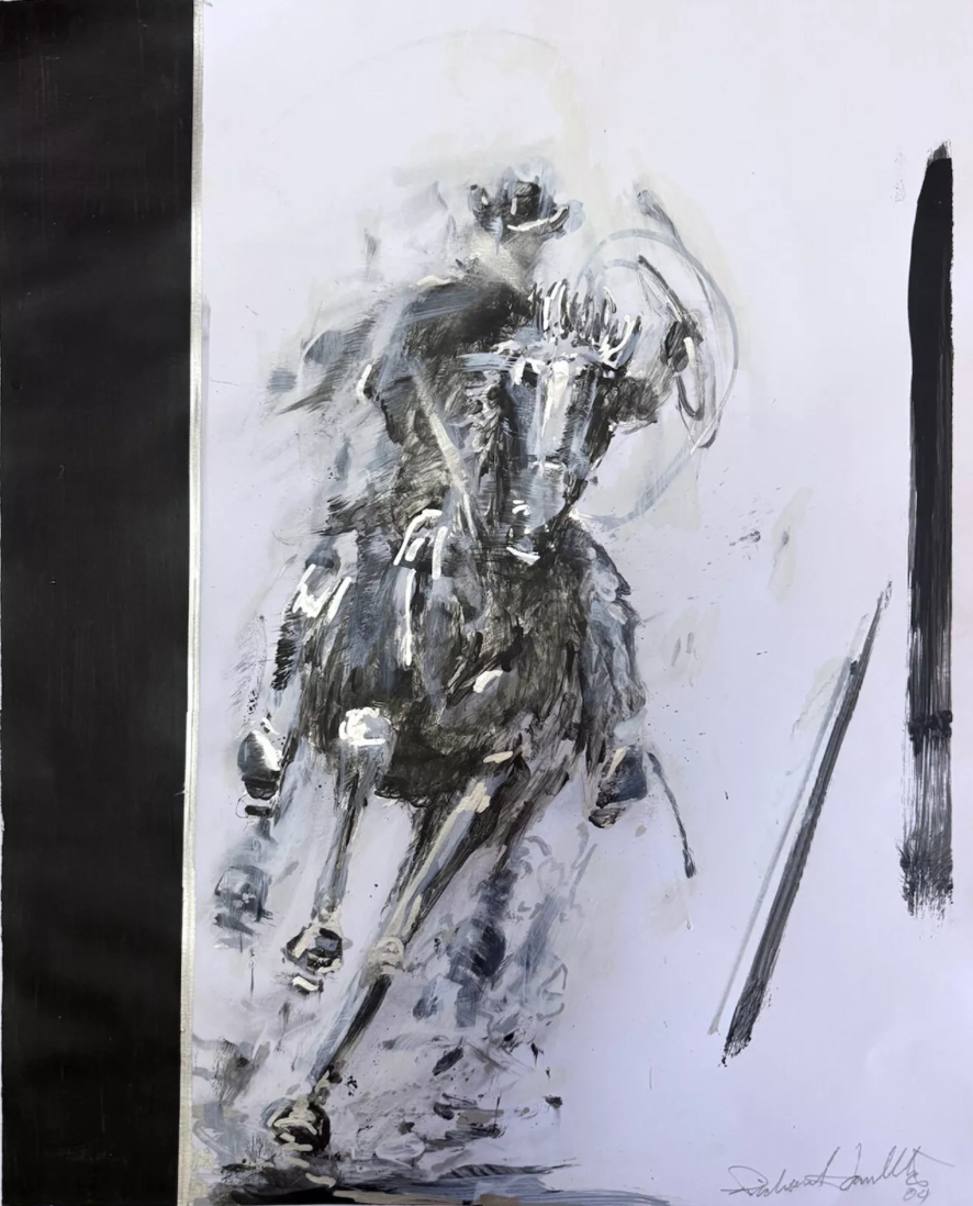 Abstract black silhouette of a horse and rider painted by Richard Hambleton, evoking motion, chaos, and street art roots