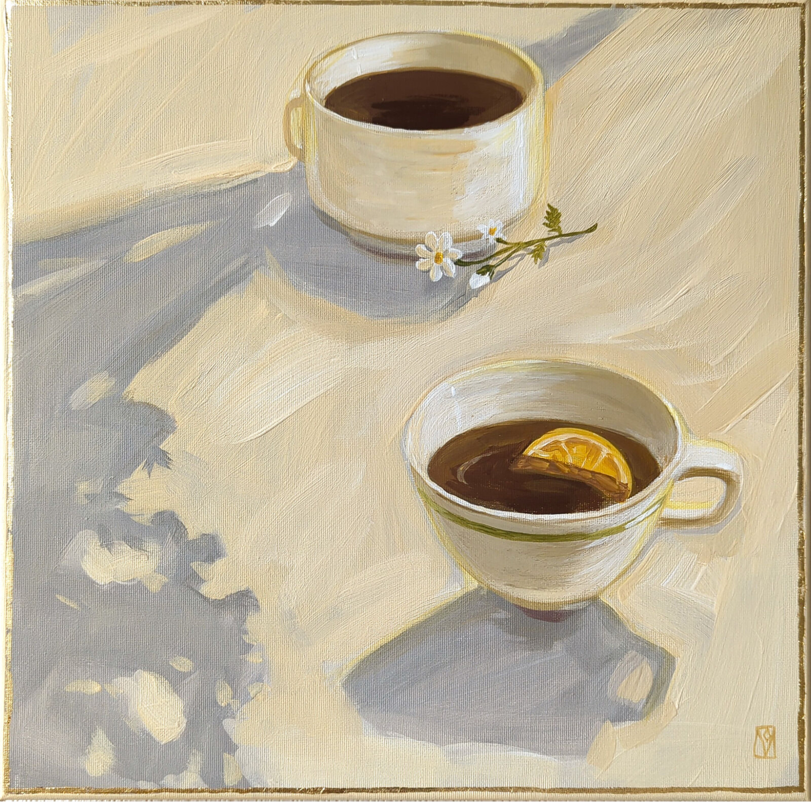 Olha Vlasova’s “Peaceful Morning” from the Moments series, featuring matte acrylic textures and a fine gold leaf detail on deep-edged canva