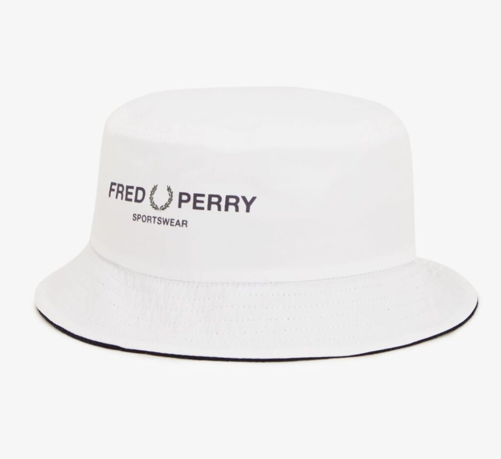 Fred Perry Sportswear Bucket Hat in navy with embroidered laurel wreath logo, breathable eyelets, and structured brim