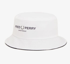 Fred Perry Sportswear Bucket Hat in navy with embroidered laurel wreath logo, breathable eyelets, and structured brim