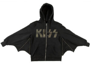 Black KISS zip-up hoodie with red demon wings and sculpted hood, inspired by Gene Simmons’ stage persona