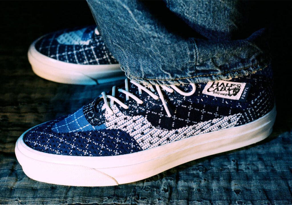 Navy blue FDTML x Vans Half Cab shoe with distressed suede, tonal sole, and minimalist branding details