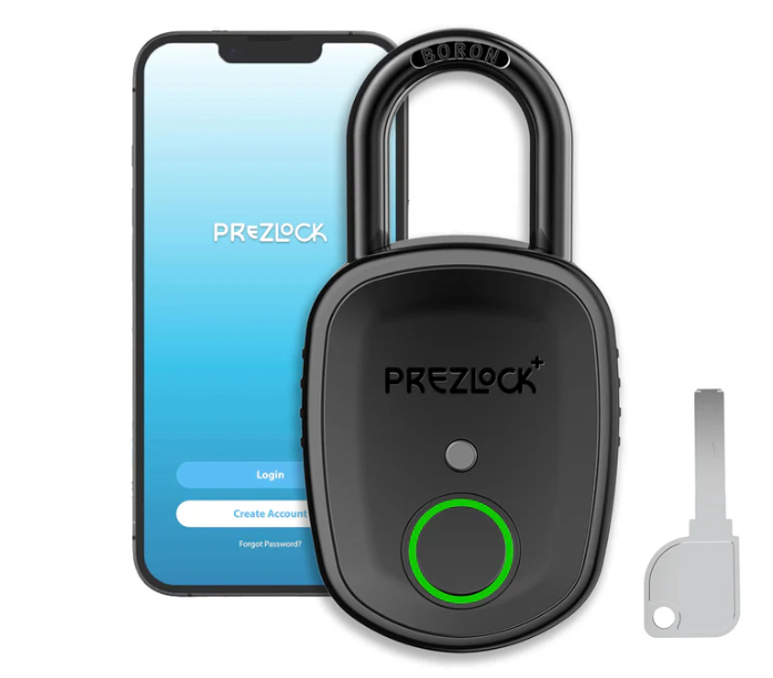 PREZLOCK Plus smart fingerprint padlock with rugged design and waterproof IP65 rating for outdoor use