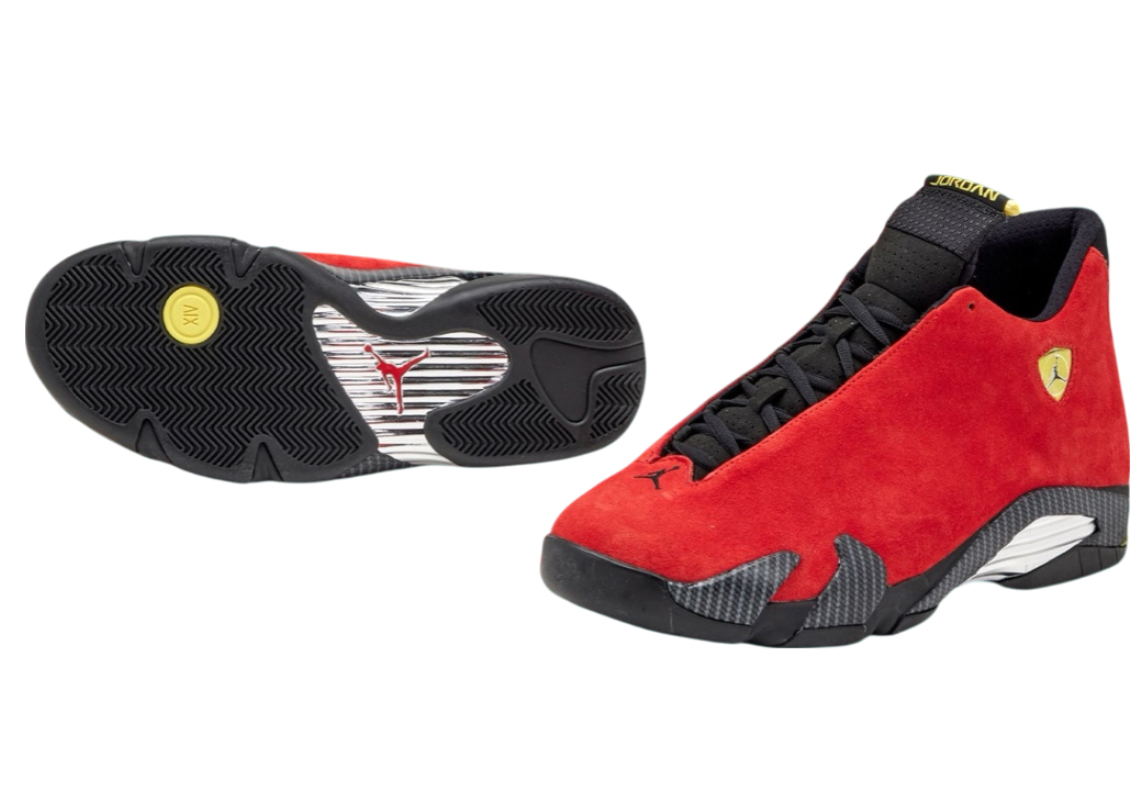 Nike Air Jordan 14 “Ferrari” shoe featuring bold red suede, carbon fiber midsole, and shielded Jumpman logo