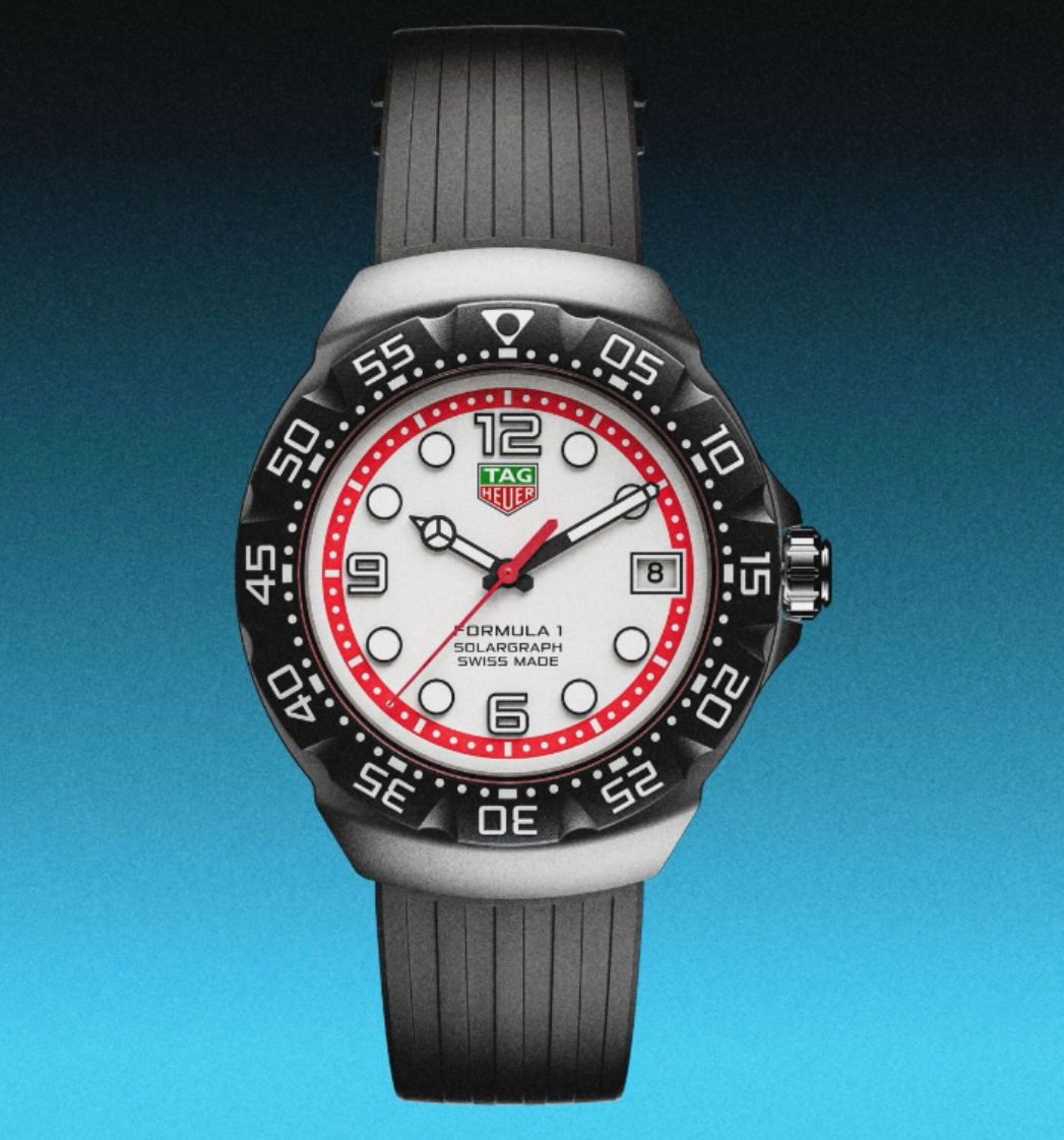 TAG Heuer Formula 1 Solargraph watch with titanium case, carbon dial, and solar-powered movement in soft natural light