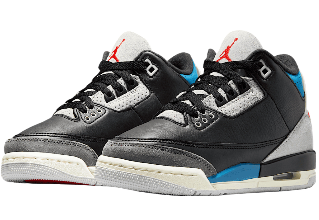 Nike Air Jordan 3 GS “Black/Neutral Grey” shoes with elephant print details, viewed on a concrete background