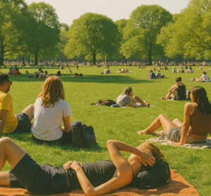 People lounging in a park on a sunny afternoon, capturing the feeling of a Summer Friday mindset