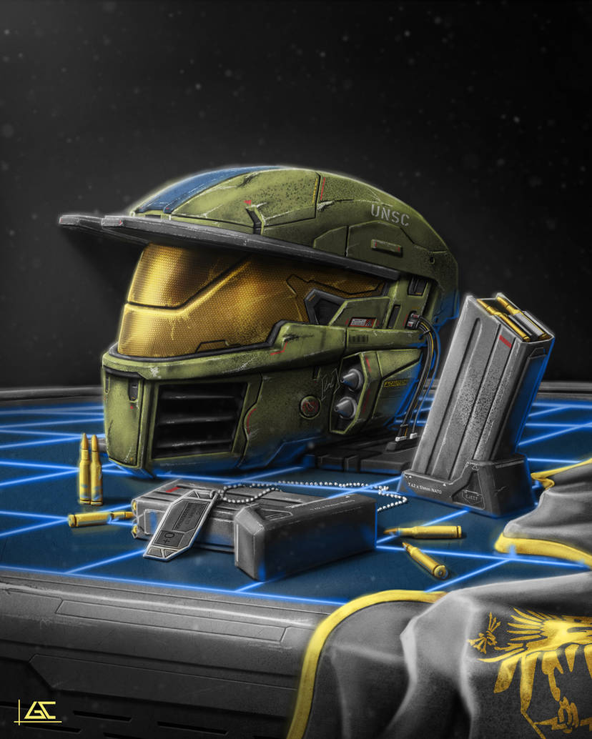 Rendered Spartan helmet with golden visor, UNSC gear, and ammunition on a digital table—evoking HALO’s themes of war and memory