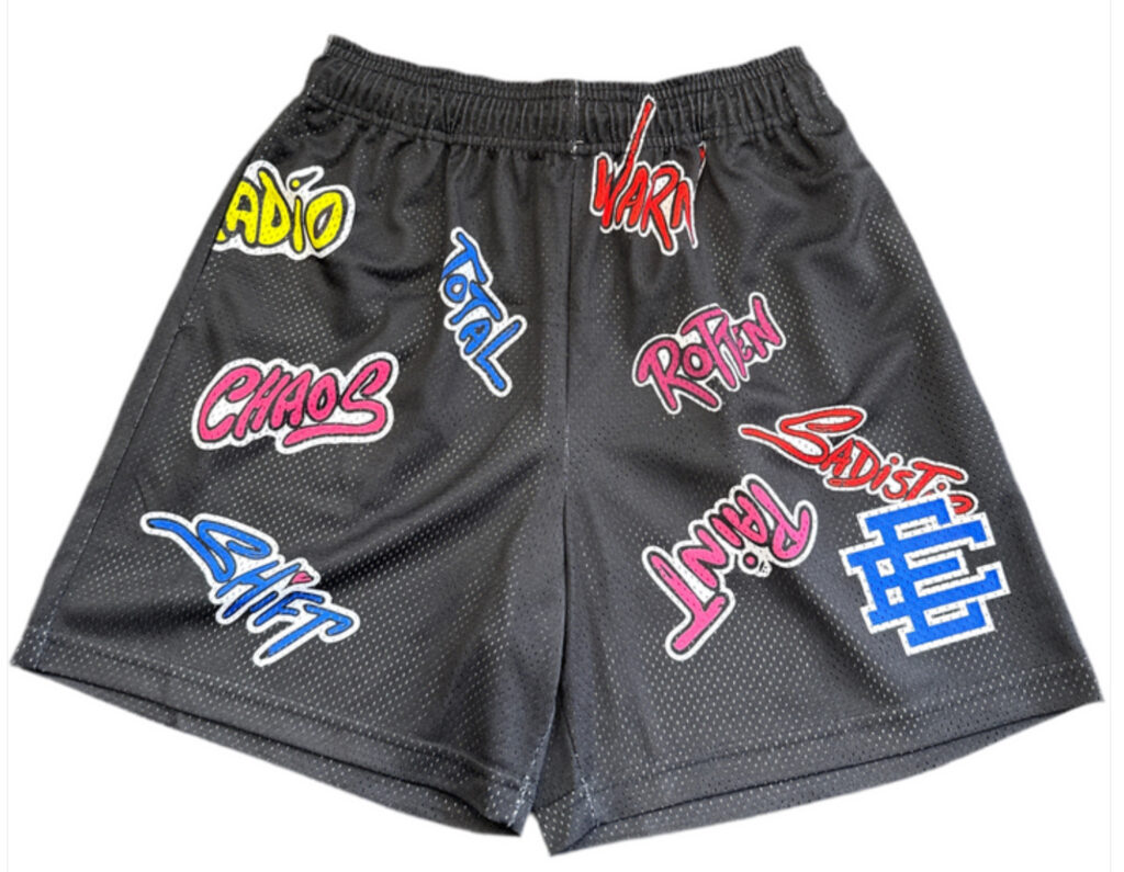 Eric Emanuel x Matty Boy Black Shorts featuring graffiti artwork over athletic mesh silhouette