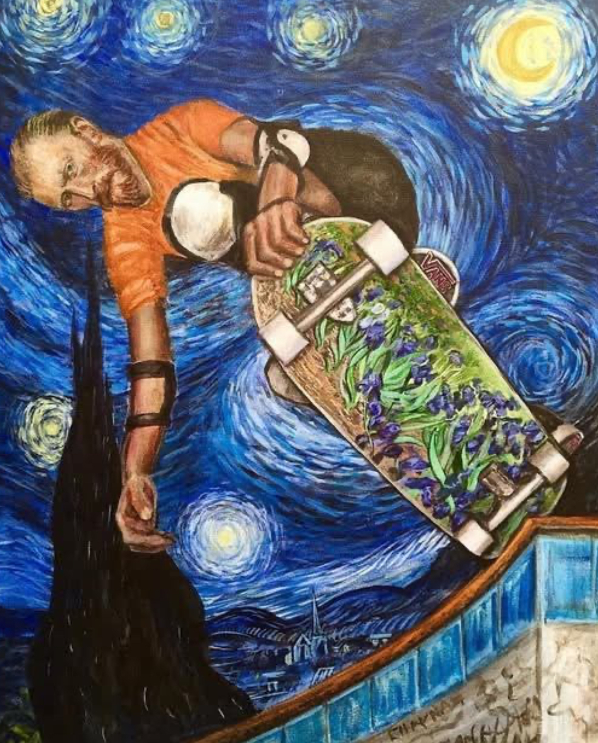 Painting of Vincent van Gogh performing a skateboard trick against the swirling sky of The Starry Night with Irises deck