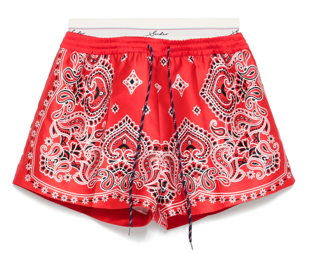 SANDRO men’s bandana-print cotton shorts in navy with paisley pattern and drawstring waist