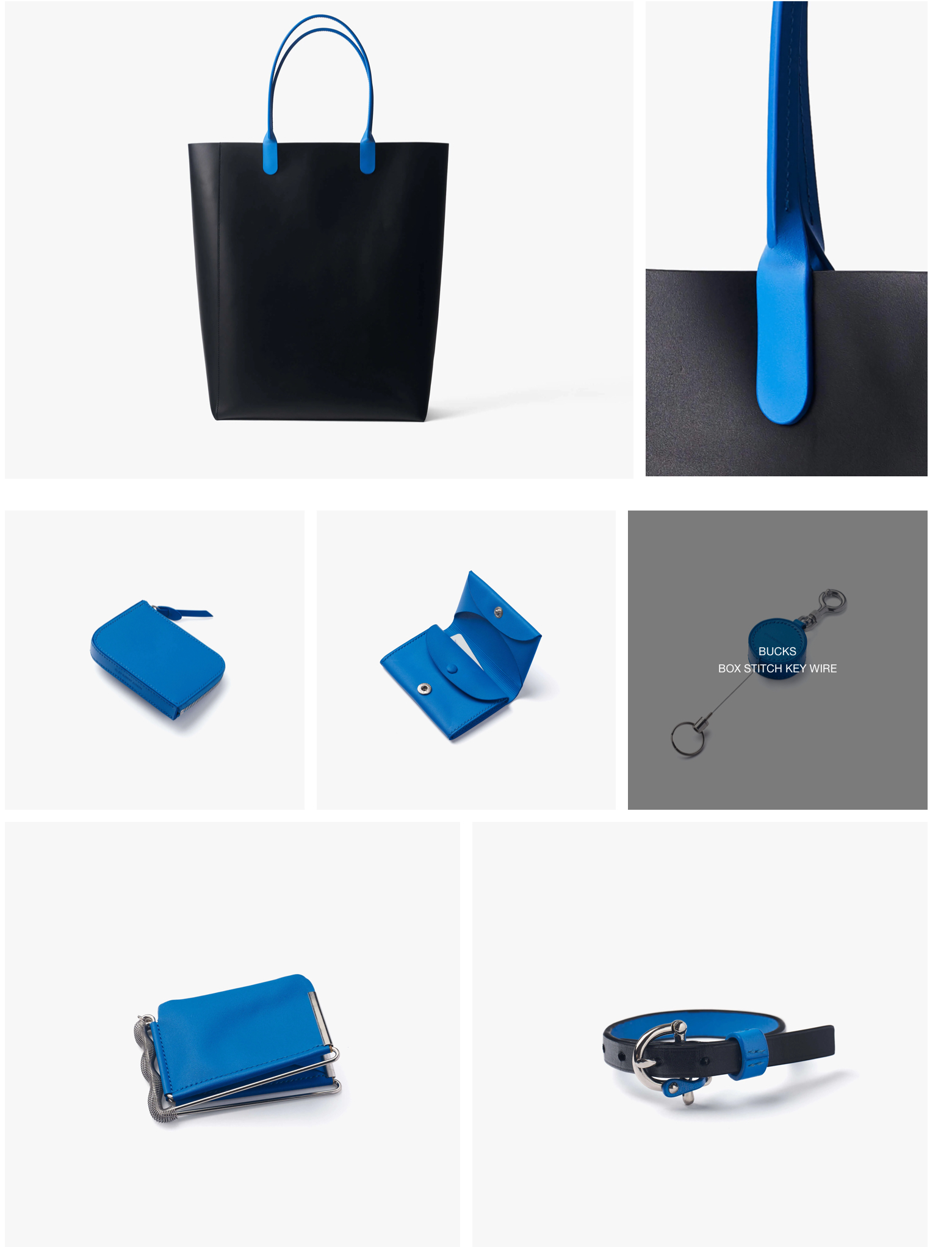 Ed Robert Judson SS25 collection featuring electric blue leather accessories and neutral-toned utilitarian bags