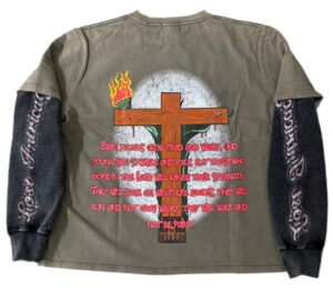 Model wearing Lost Intricacy Liberty Longsleeve Thermal in olive green, showcasing minimalist military-inspired streetwear