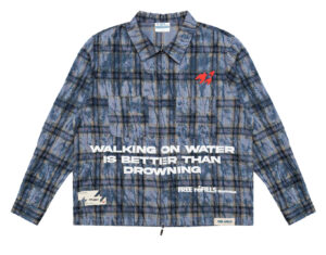 Free Refills FR Cropped Flannel in washed blue colorway, styled with wide trousers and minimal accessories