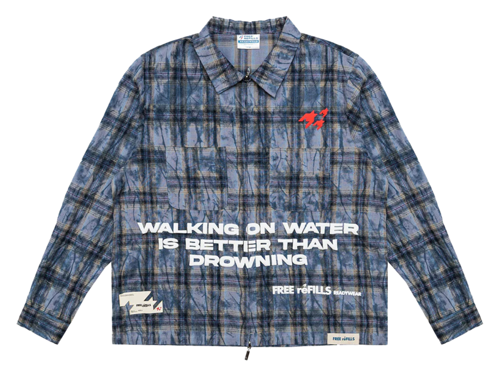Free Refills FR Cropped Flannel in washed blue colorway, styled with wide trousers and minimal accessories