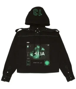 The Hood by Air Hooded Trucker Sweatshirt in Black/Green, showcasing hybrid streetwear design with structured silhouette