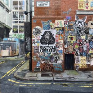 Ryan Everson’s Faraday Street II painting depicting an urban UK street scene with architectural depth and soft light