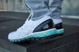 ASICS GEL-QUANTUM 360 Larimar Blue sneakers in layered blue mesh with translucent GEL cushioning, celebrating 10th anniversary