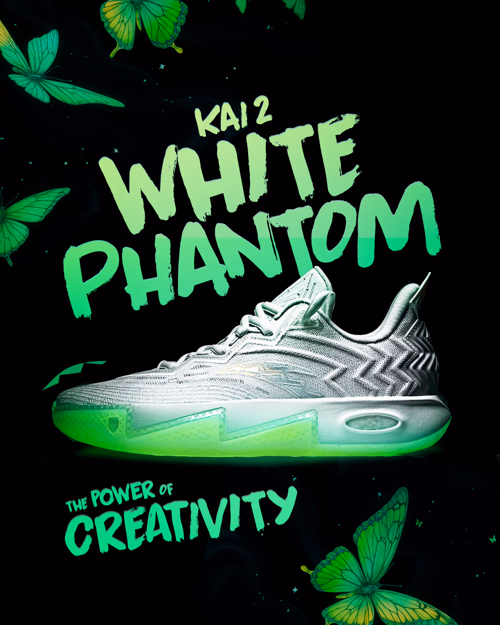 The ANTA KAI 2 “White Phantom” shoe features a sculpted white upper, pearl accents, and a translucent traction outsole