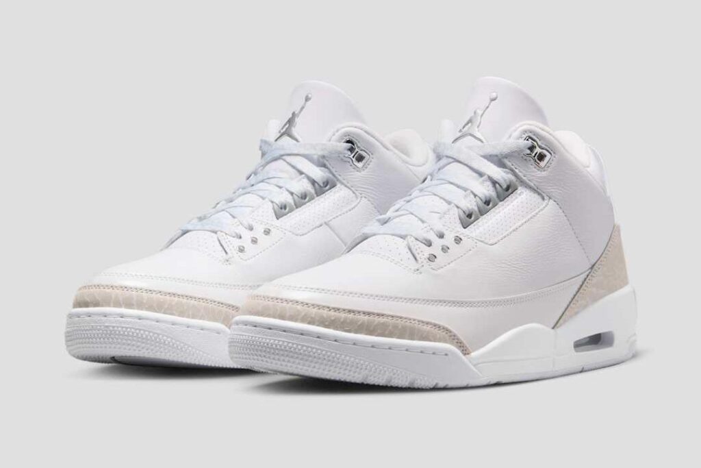Air Jordan 3 Retro "Pure Money" sneaker in all-white leather with silver eyelets, a minimalist icon in Jumpman heritage