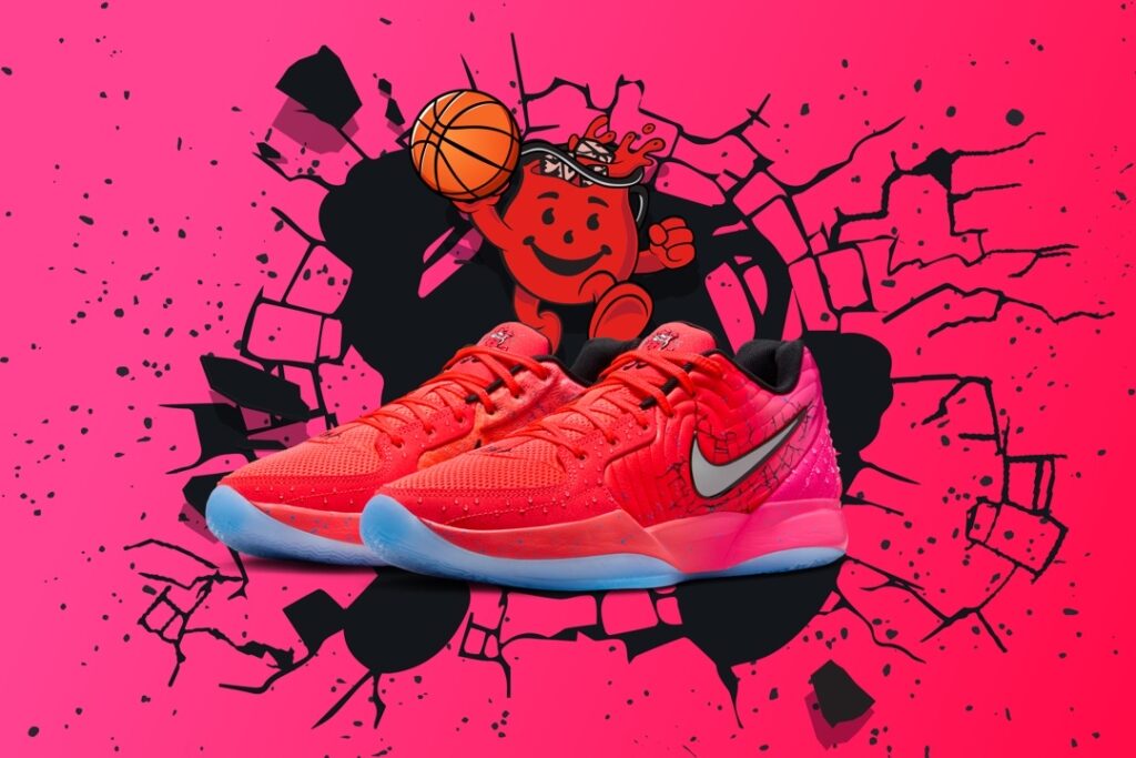 Kool-Aid x Nike Ja 2 "Tropical Punch" shoes in vivid red with translucent outsole, fruity detailing, and merged logos