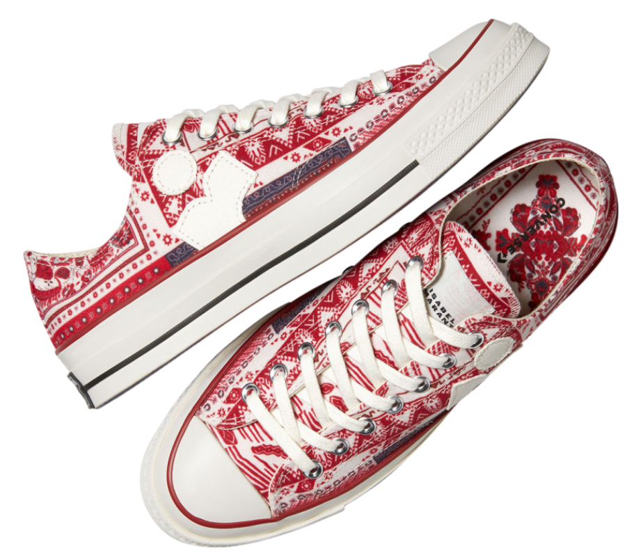 Side view of Isabel Marant x Converse Chuck 70 WMNS white/red sneaker, merging minimalist French design with classic Chuck DNA