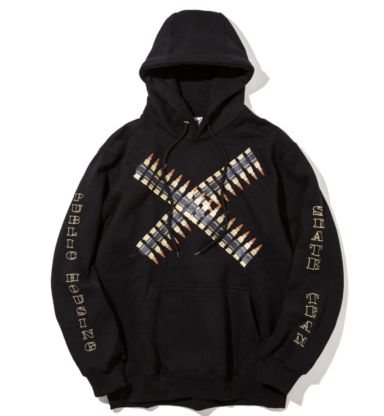 public housing p/o hoody “team bullet” featuring embroidered bullet belt design on front and back, inspired by Bronx street culture