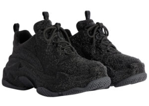 Balenciaga Triple S Rhinestones Black sneaker featuring black mesh and rhinestone embellishments on chunky layered sole