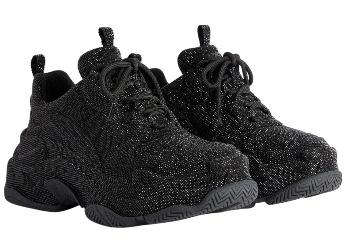 Balenciaga Triple S Rhinestones Black sneaker featuring black mesh and rhinestone embellishments on chunky layered sole