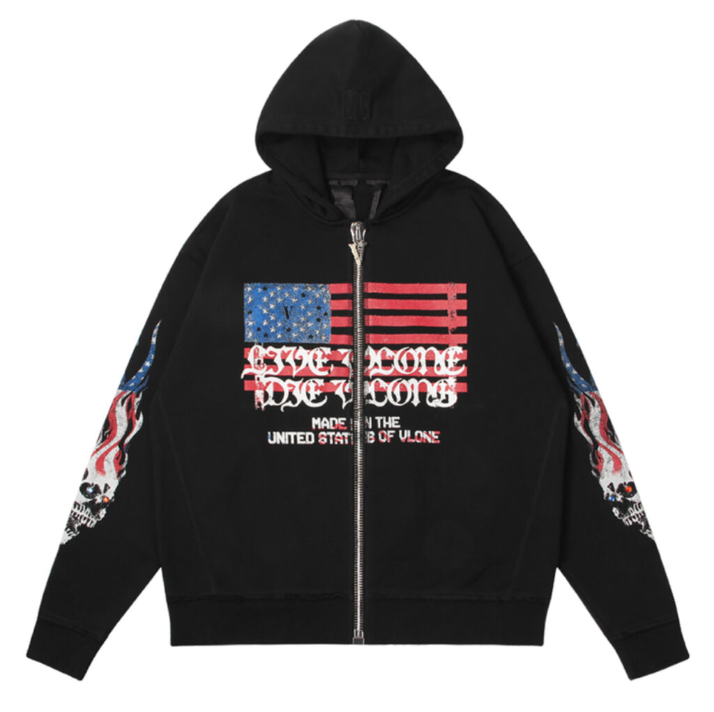 Black VLONE Flag Zip-Up Hoodie with large V logo and flag design printed on the back, displayed on a white background