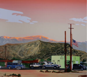 Oil painting of a solitary mechanic repairing a machine in a vast, sunlit desert—symbolizing resilience and isolation