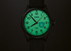 Oris Hölstein Edition 2025 chronograph in black-and-white design with luminous dial and perforated leather strap