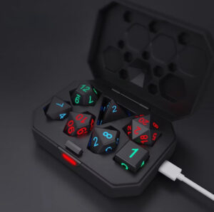 A glowing LED dice set on a tabletop, radiating colorful light during a role-playing game session