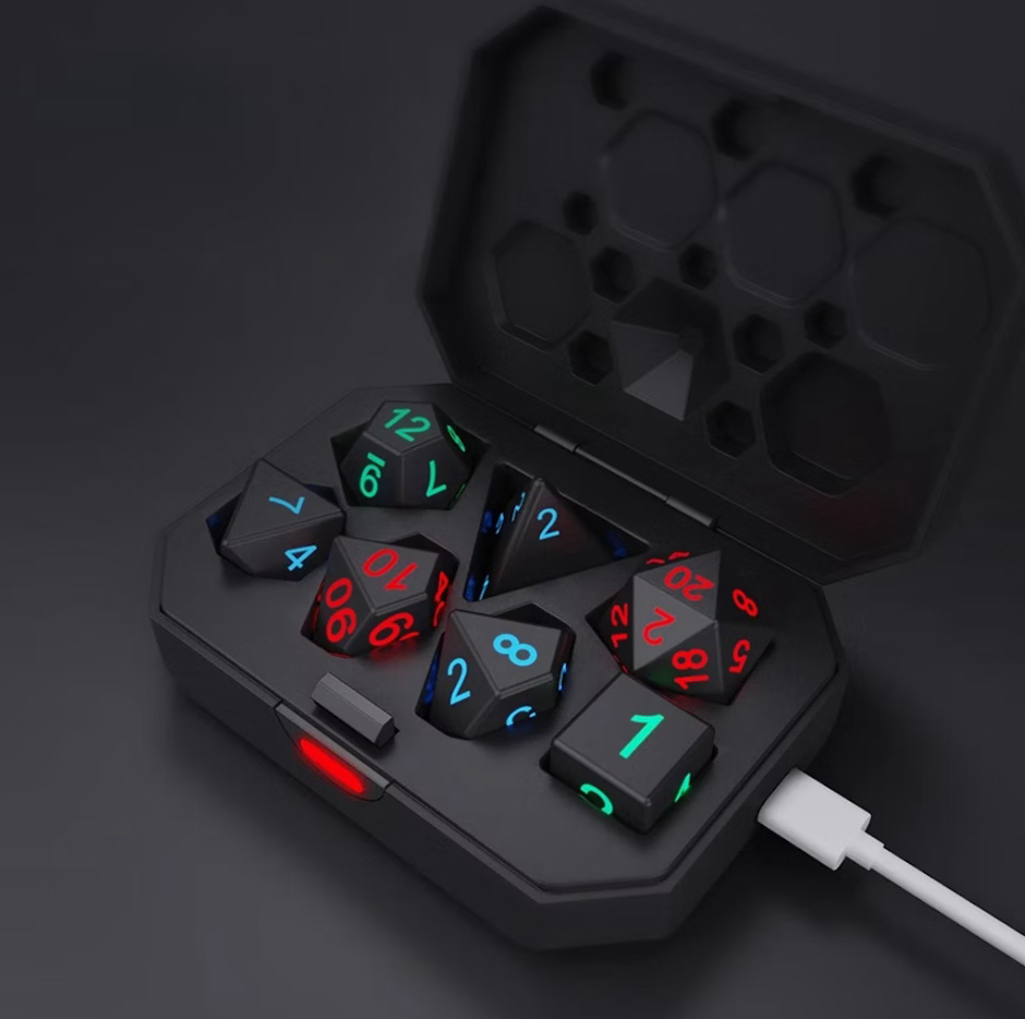 A glowing LED dice set on a tabletop, radiating colorful light during a role-playing game session