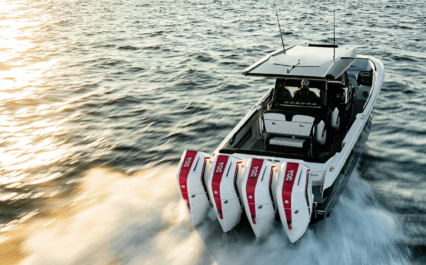 Quad Mercury 400R outboard engines mounted on a high-performance catamaran during an offshore powerboat race