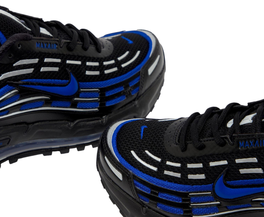 Side view of Nike Air Max TL 2.5 in Black and Royal Blue colorway, showing full-length Air cushioning and caged upper