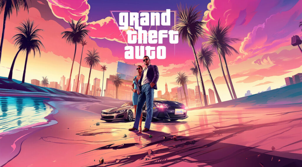 Screenshot from Grand Theft Auto VI trailer showing neon-lit cityscape with Lucia and Jason in getaway scene