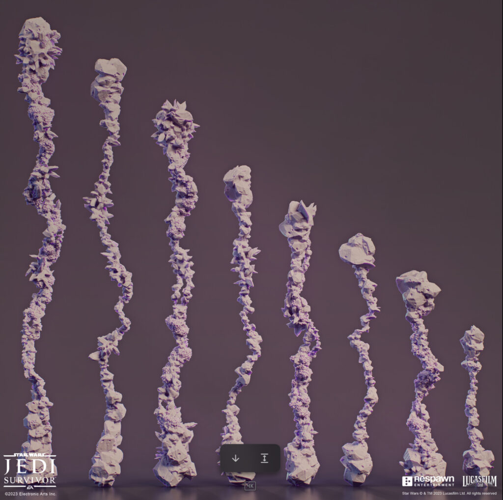 Stylized 3D render of Koboh Matter tendrils from Star Wars Jedi Survivor, designed using Houdini Engine tools