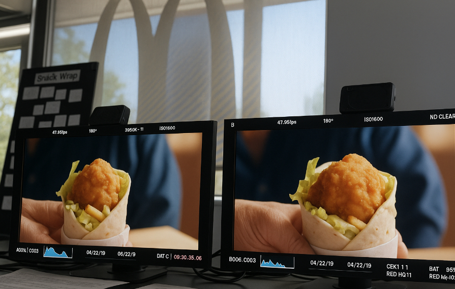 Monitors display close-up shots of McDonald’s Snack Wrap during commercial shoot, with golden arches in background