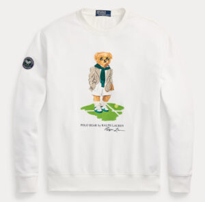 Embroidered Ralph Lauren Wimbledon Polo Bear Sweatshirt featuring tennis bear in classic white on grey cotton pullover